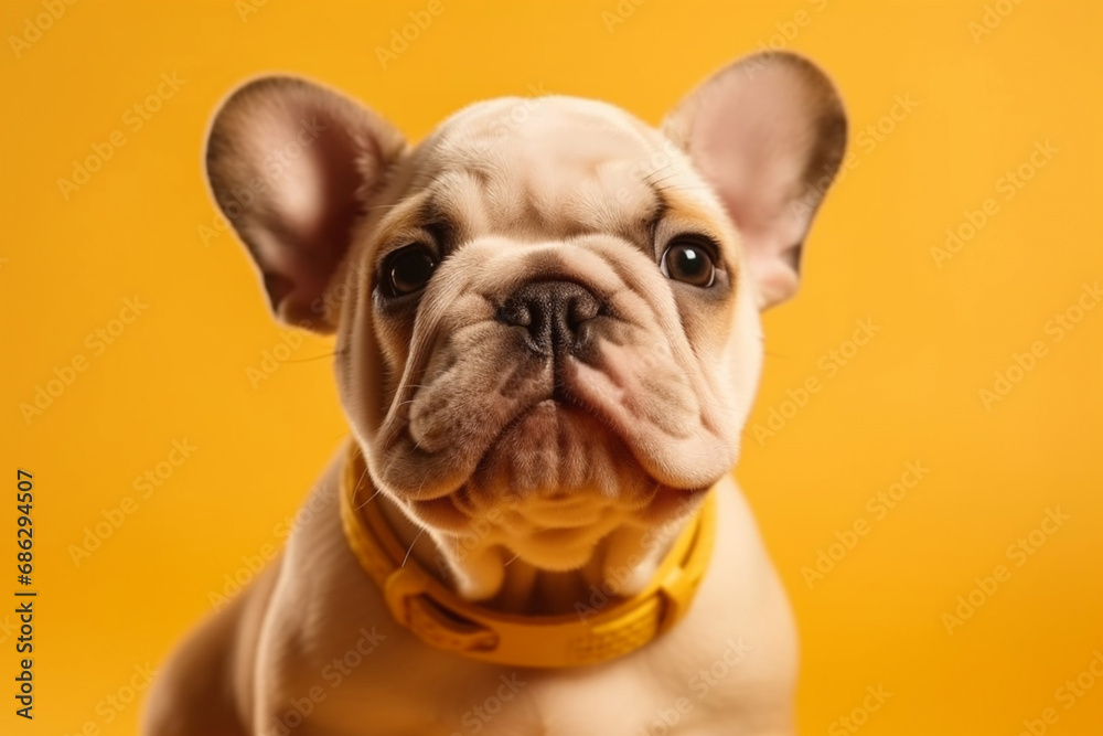 Sweet small english bulldog pet with a curious puppy look in front of camera at on bright yellow background. Website banner concept. Advertising postcards, notebooks.