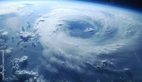 an aerial shot from space a hurricane shows an apocalypse on the earth and lightning toward the ground city. Apocalypse, Tornado, Hurricane, Disaster.