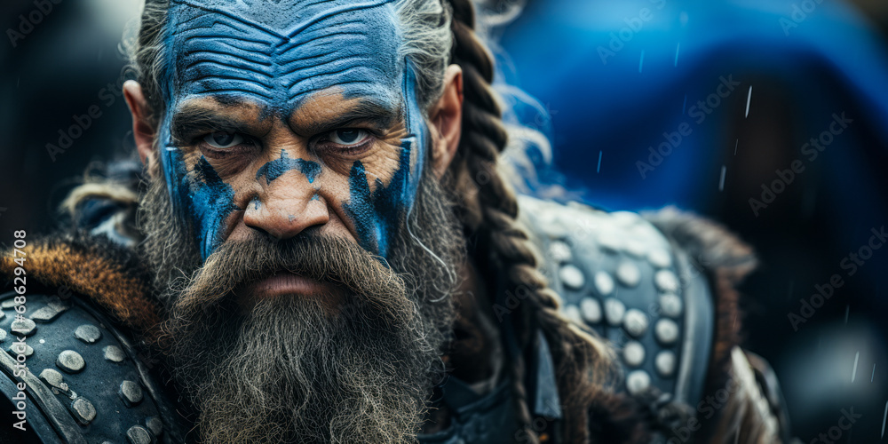 Intense warrior with tribal blue face paint and beard, holding a shield, ready for battle, exemplifies ancient tribal war traditions and strength Intense warrior with tribal blue face paint and beard, holding a shield, ready for battle, exemplifies ancient tribal war traditions and strength