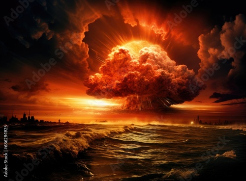 Radioactive Nuclear Explosion in the Ocean Clouds vapourize the yellow sky and a big fog of radioactive particles in the air and big shock waves. Nuke Bomb. Radioactive bomb blast. World War III. 