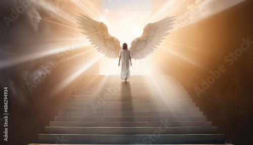 Woman in white dress and wings in paradise, March 8 World Women's Day