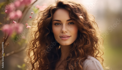 Woman with curly hair in garden near flowering tree in spring, March 8 World Women's Day