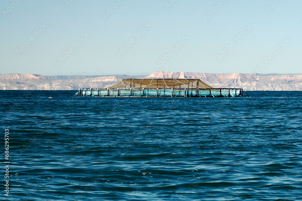 Fish farm in cortez sea baja california sur landscape from boat