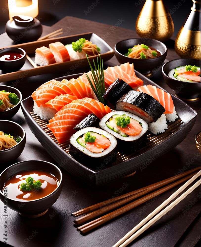 Savoring Japan: Culinary Odyssey through the Delights of Sushi, Ramen, Sake, and Unique Japanese Traditions. generative AI