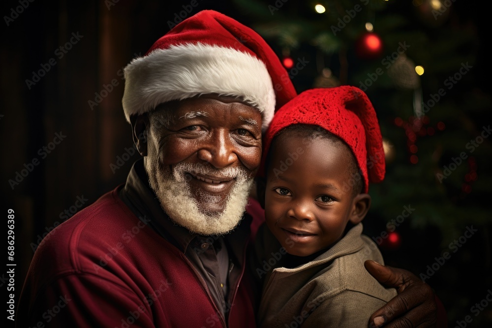 Black old man telling Christmas stories to his grandson and both wear Santa hats, Grandpa grandson laughing Black old man telling Christmas stories to his grandson and both wear Santa hats, Grandpa grandson laughing