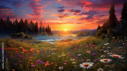 A serene meadow surrounded sunset in the mountains photo
