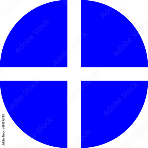 Blue and white vector graphic of a circle cut into segments and moved to form a circle cut into four quarters