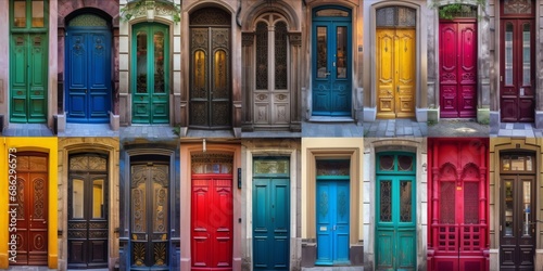 Collage of many colourful vintage front doors to houses and homes. photo