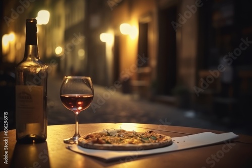 Pizza, wine bottle, wineglasses and spice oil on the restaurant table outdoors, background of narrow old Italian streets  photo
