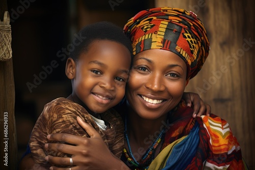 Close up portrait of mother and son. Women holdinh boy in her hands photo