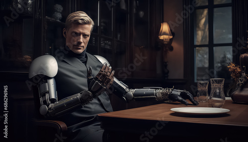 Man with bionic prosthetic arm having dinner