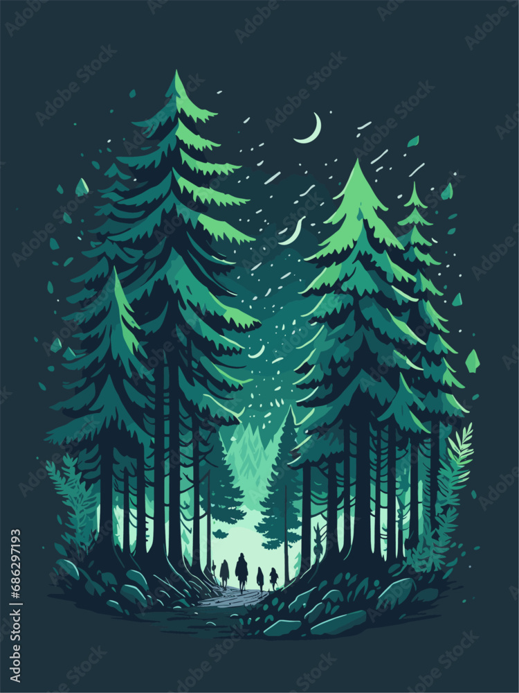Obraz premium A pine forest landscape ,magic, t-shirt design, vibrant pale green colors