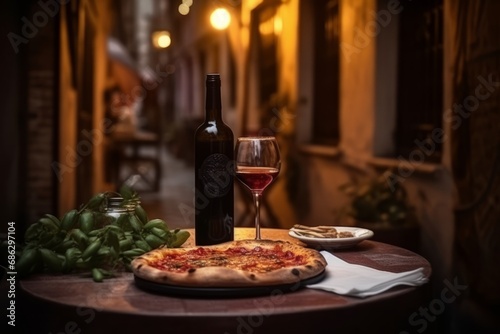 Pizza, wine bottle, wineglasses and spice oil on the restaurant table outdoors, background of narrow old Italian streets 