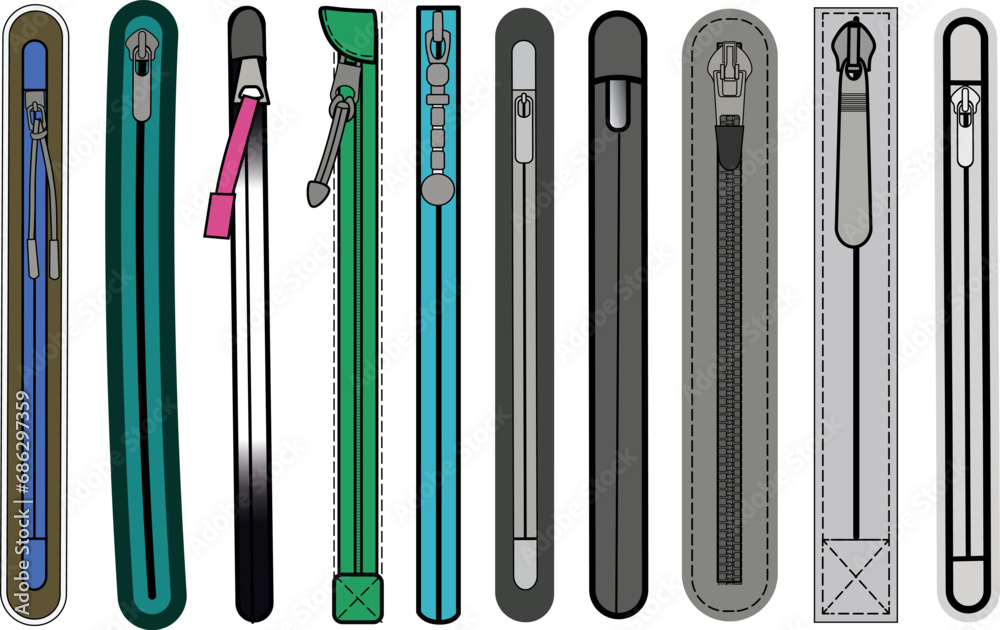 Zip fastener with Zipper puller flat sketch vector illustrator. Set of water proof invisible Zip pocket types for Shorts, Pants, dress garments, bags, jackets Clothing and Accessories Zip fastener with Zipper puller flat sketch vector illustrator. Set of water proof invisible Zip pocket types for Shorts, Pants, dress garments, bags, jackets Clothing and Accessories
