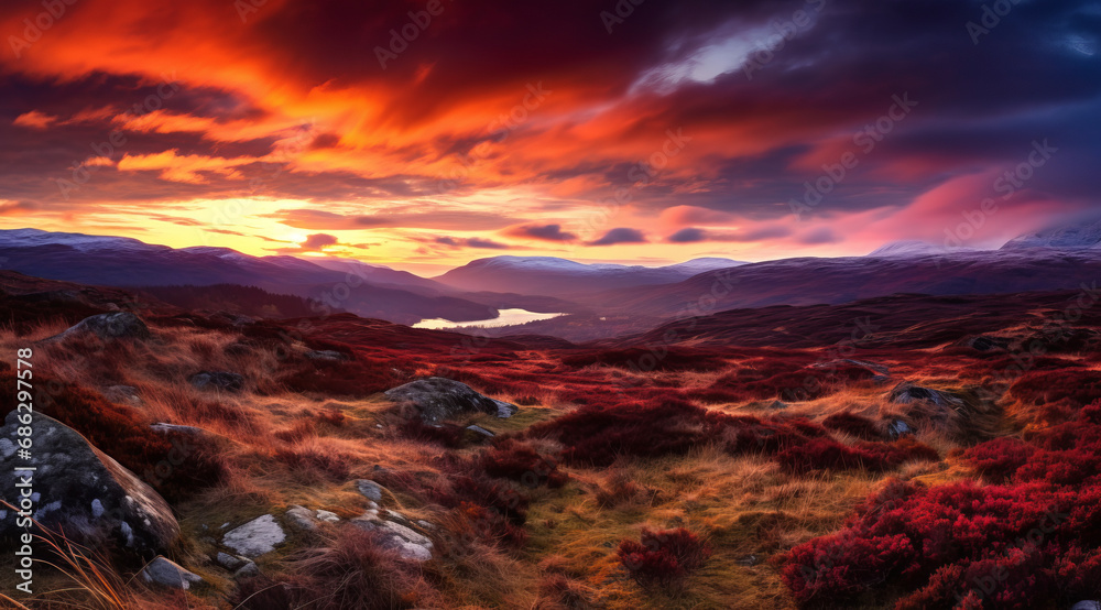 Fiery sunset over the Scottish highlands with a dramatic red sky.