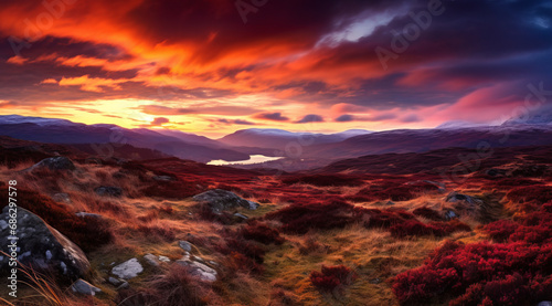 Fiery sunset over the Scottish highlands with a dramatic red sky.