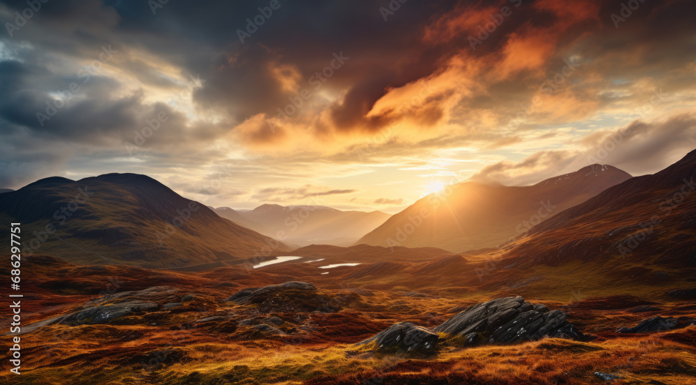 Tranquil Scottish landscape with mountains, a lake, and soft clouds. - obrazy, fototapety, plakaty 