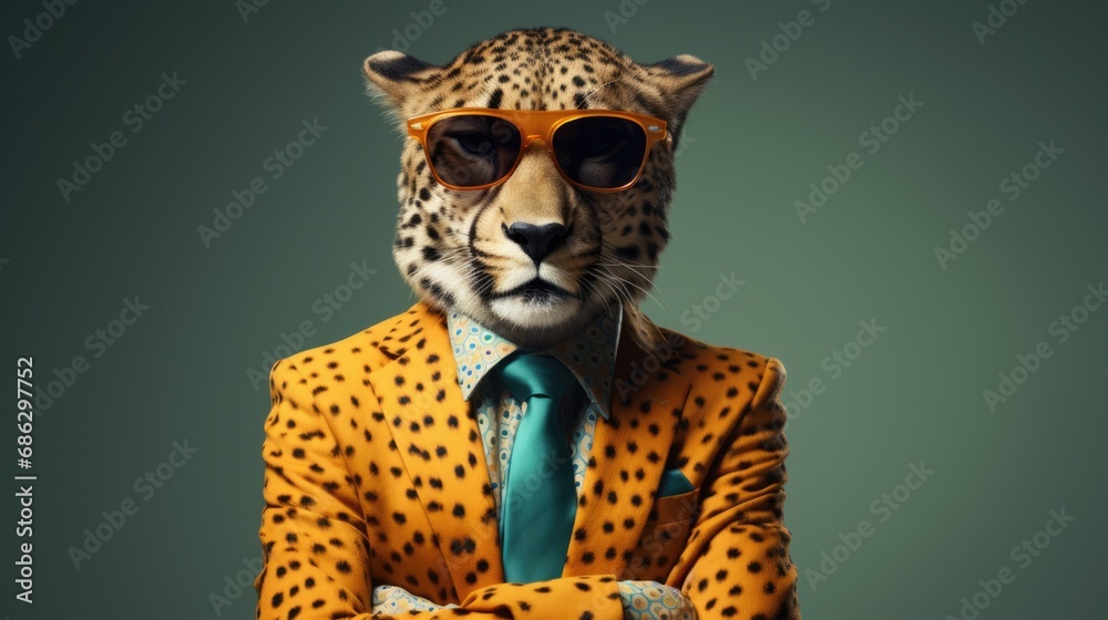 Fototapeta premium studio portrait of jaguar with glasses and stylish suit, isolated on clean background,accessories business concept