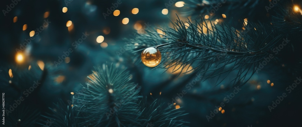 Fototapeta premium Christmas tree branches and tree leaves with golden ball decorations with blurred background, close up, Christmas and Happy New Year background