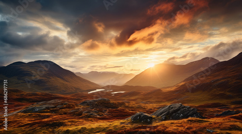 Tranquil Scottish landscape with mountains, a lake, and soft clouds. #686297751