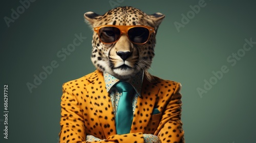studio portrait of jaguar with glasses and stylish suit  isolated on clean background accessories business concept