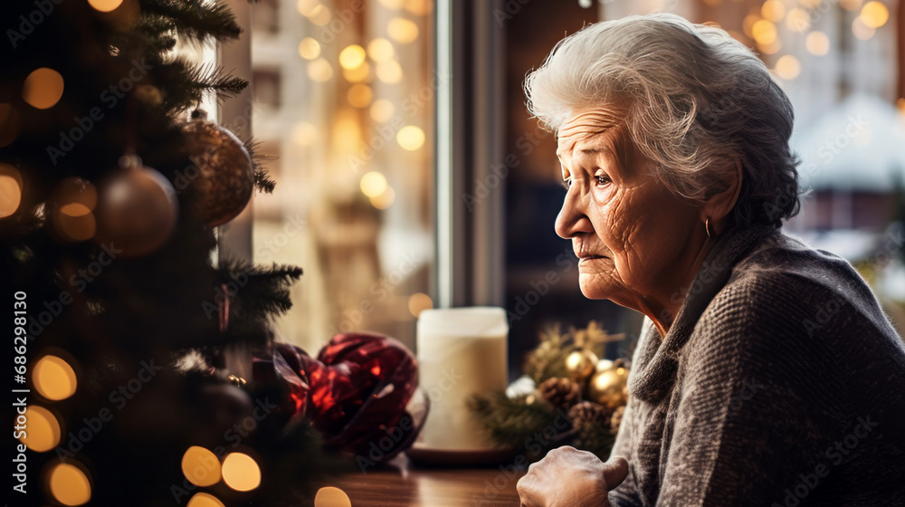 Lonely senior woman sitting at home over christmas tree lights background.