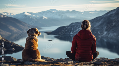 A lonely female traveler with her dog meditates high in the mountains. Solo trip concept.