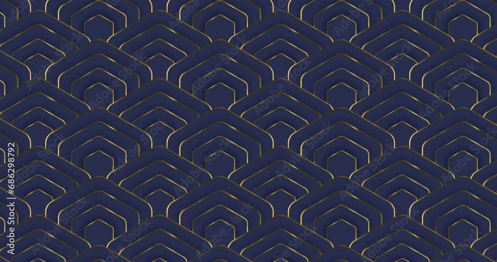 Elegant Seamless looped pattern background of golden rings rounded hexagon pattern moving from left to right over blue color background.