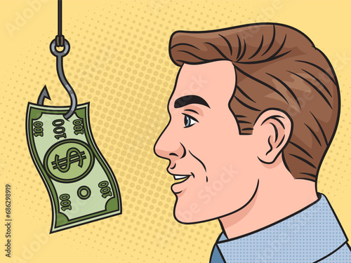 Man is caught on money bait dollar cash metaphor pinup pop art retro hand drawn vector illustration. Comic book style imitation.