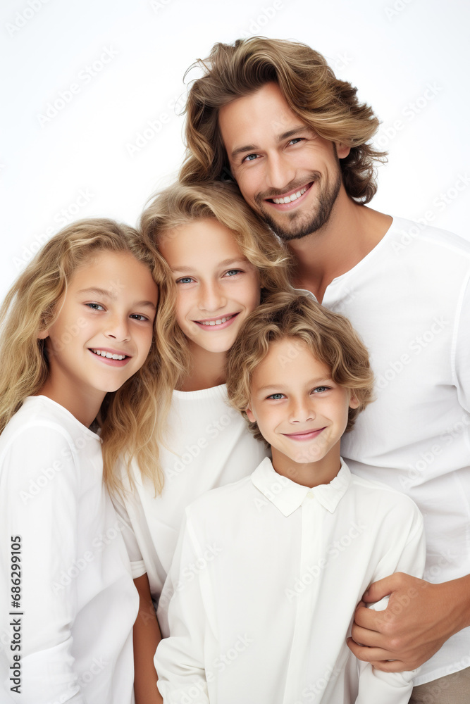 happy family of mother, father and kids isolated on white background, group of cheerful people studio shot