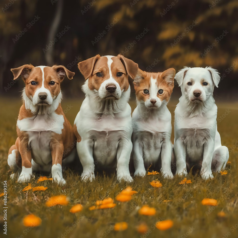 group of dogs in field, group of dogs, a group of puppies, ai image, ai dog, animals image, wildlife photography