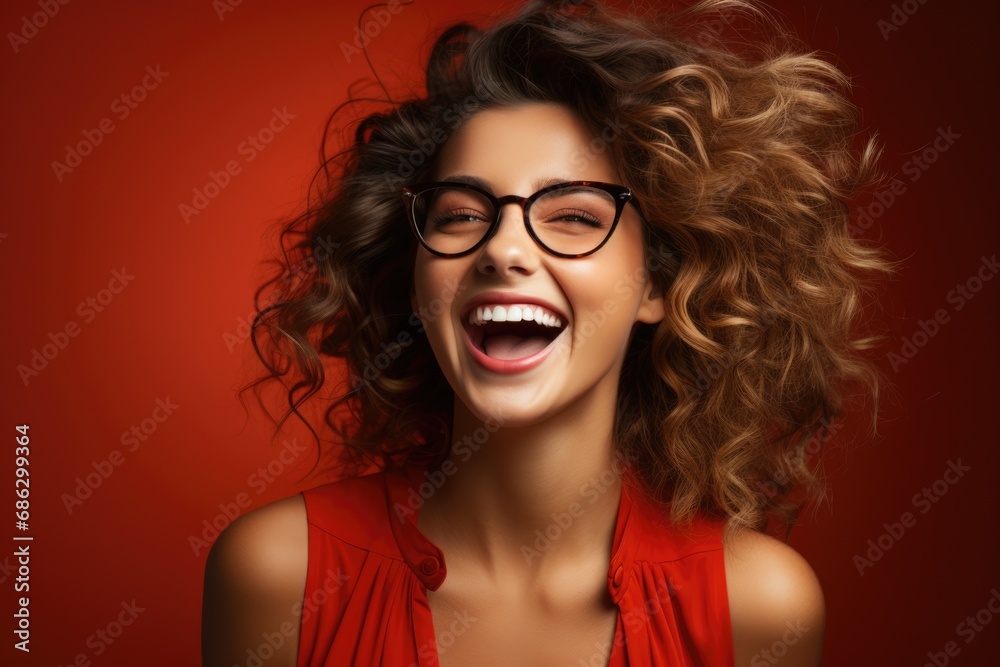 Excited female model smiling happily on red background. AI Generated