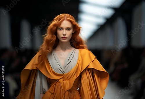 a model walks down a runway wearing an orange cape and a white top photo