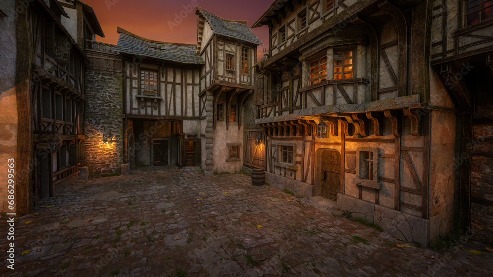 Cobbled street in a medieval fantasy town in evening light. 3D rendering.