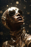 elaborate female dress with shiny gold head pieces and glasses, in the style of afrofuturism, mechanical realism, angelcore, captivating gaze, historical genre scenes