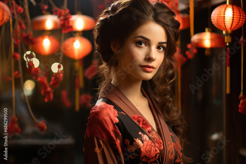 a beautiful woman posing in dress with floral pattern, Kyoto traditional old street scenes