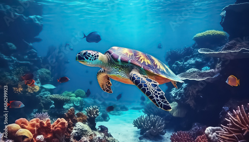 A large turtle swims in a clear ocean , Environmental eco safe Conservation