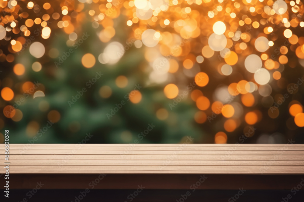 Empty table in front of Christmas tree with decorations background, light orange and dark green colors Empty table in front of Christmas tree with decorations background, light orange and dark green colors