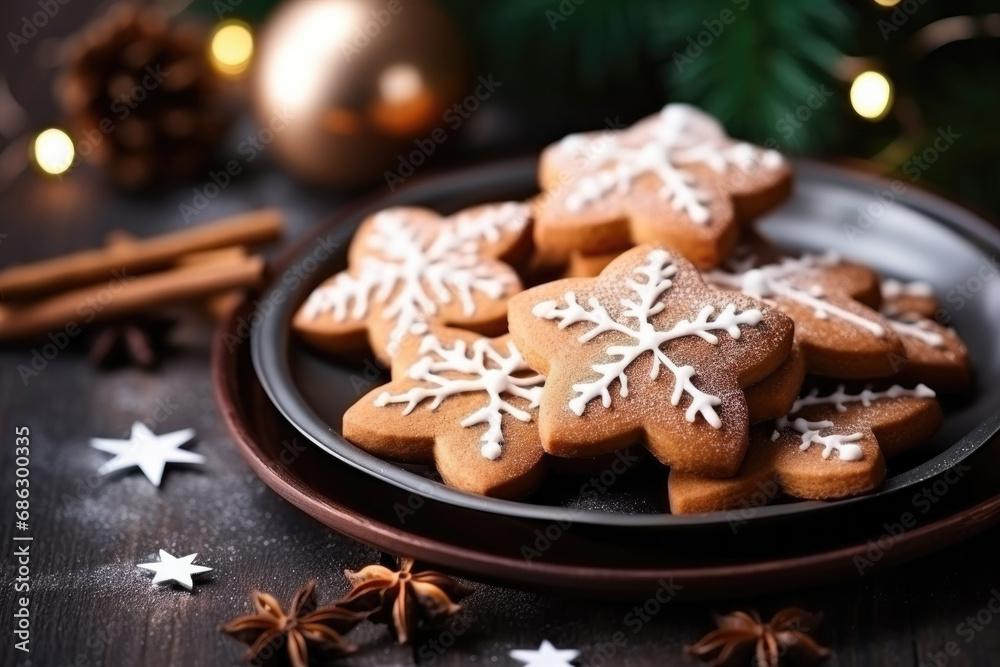Christmas cookies with festive decor on the table on a plate Christmas cookies with festive decor on the table on a plate