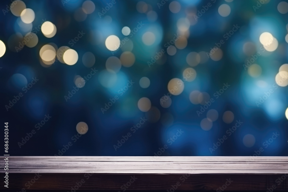 Empty table in front of Christmas tree with decorations background, lights and blue colors