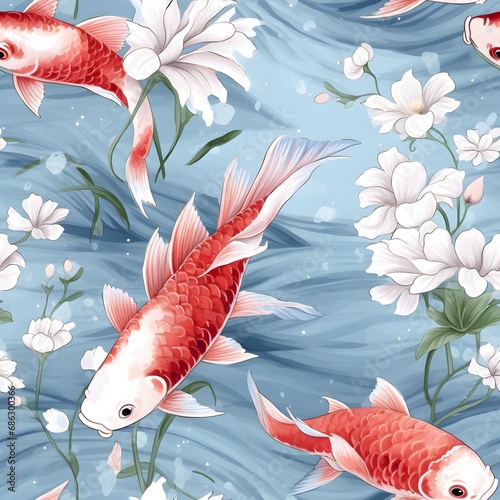 Koi Fish Seamless Pattern, Aquatic Illustration, Oriental Style, Tranquil Underwater Design