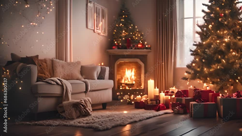 Christmas, Living room with Christmas and New Year decorated interior. cartoon or anime watercolor illustration style looping video background Christmas, Living room with Christmas and New Year decorated interior. cartoon or anime watercolor illustration style looping video background