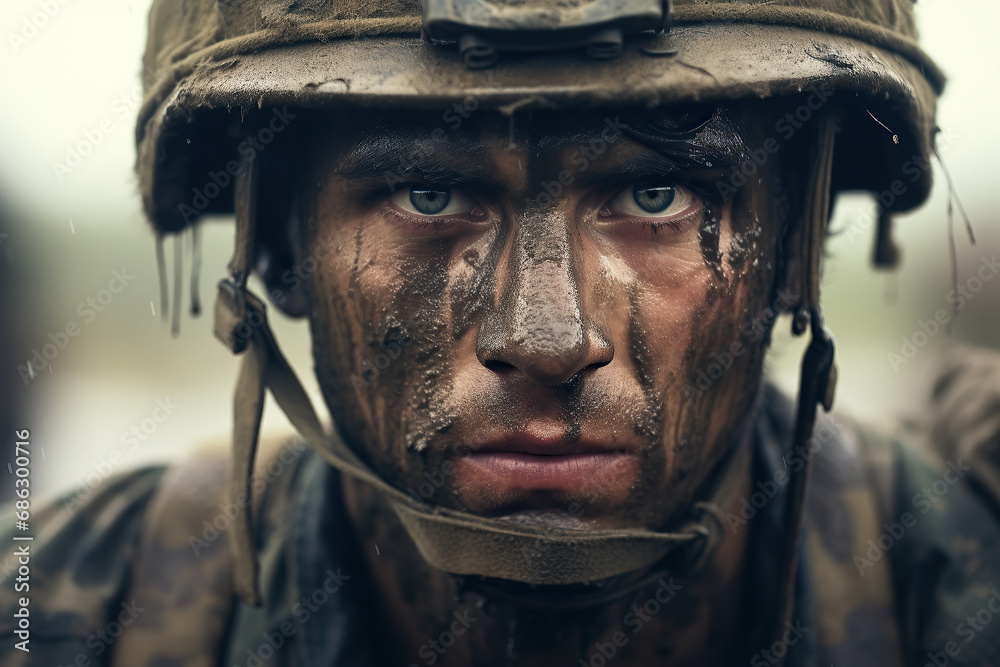 the soldier has his head covered in mud and is looking at the camera. the soldier has his head covered in mud and is looking at the camera.