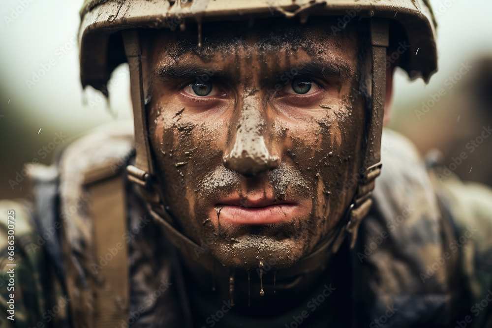 the soldier has his head covered in mud and is looking at the camera. the soldier has his head covered in mud and is looking at the camera.