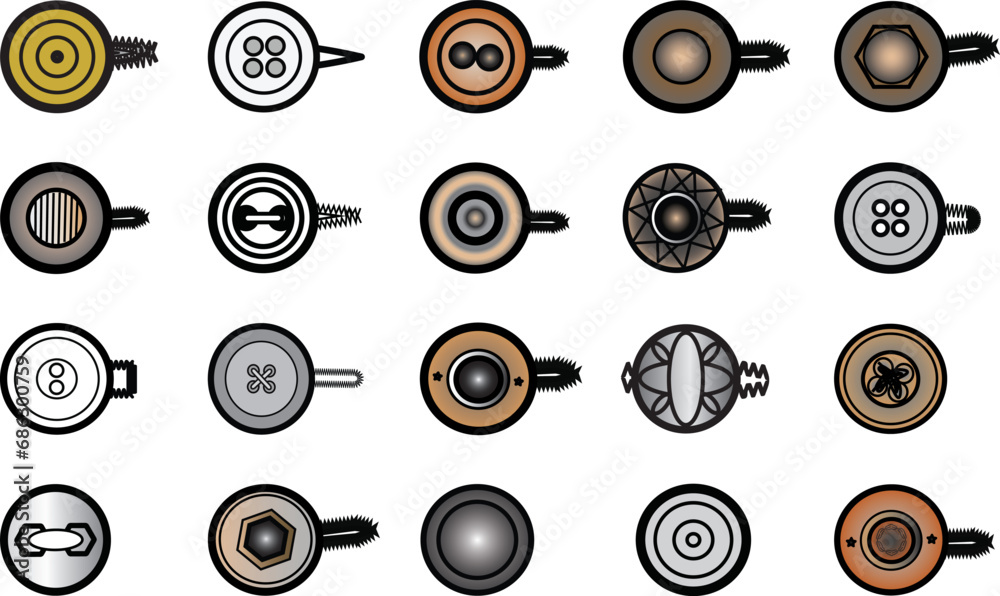Sewing Buttons flat sketch vector illustration set, different types of Shirt Buttons, Shank button, Flat buttons and Decorative buttons for fasteners, dresses garments, Jeans, Clothing and Accessories - obrazy, fototapety, plakaty 