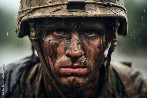 the soldier has his head covered in mud and is looking at the camera.  © Koray
