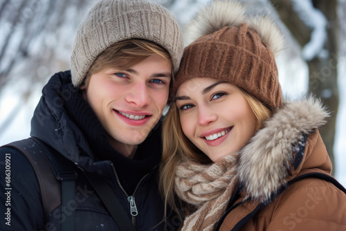 Young happy loving couple in the winter