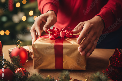 Closeup of hands holding Christmas gifts under a Christmas tree