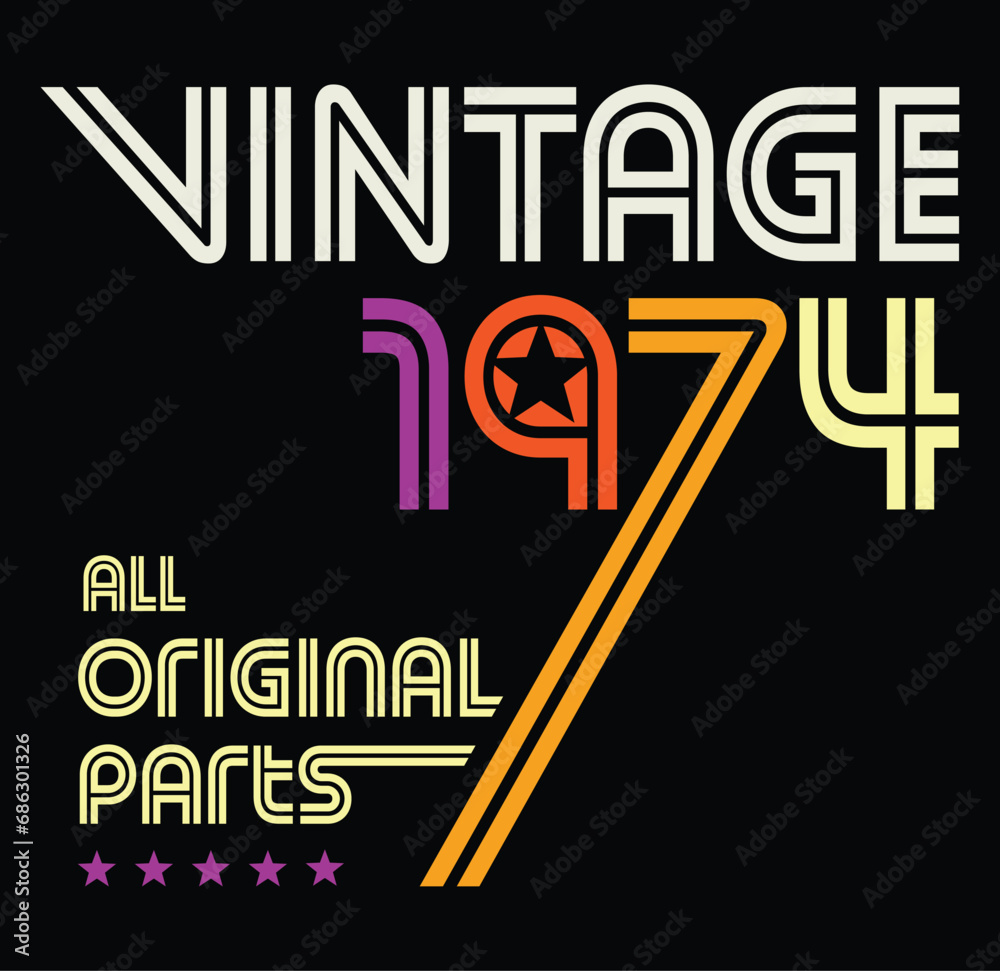 Fototapeta premium 50th Birthday vector illustration for shirt and birthday gift for her and for him. 80s retro style born in 1974 design template.