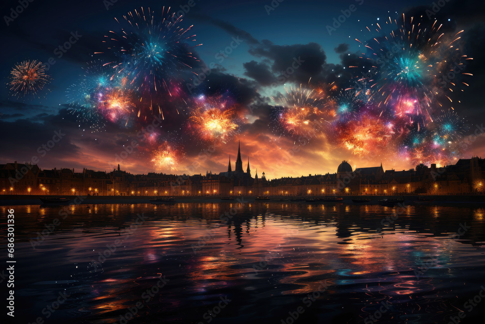 Landscape of the evening city against the background of the river and fireworks in the night sky
